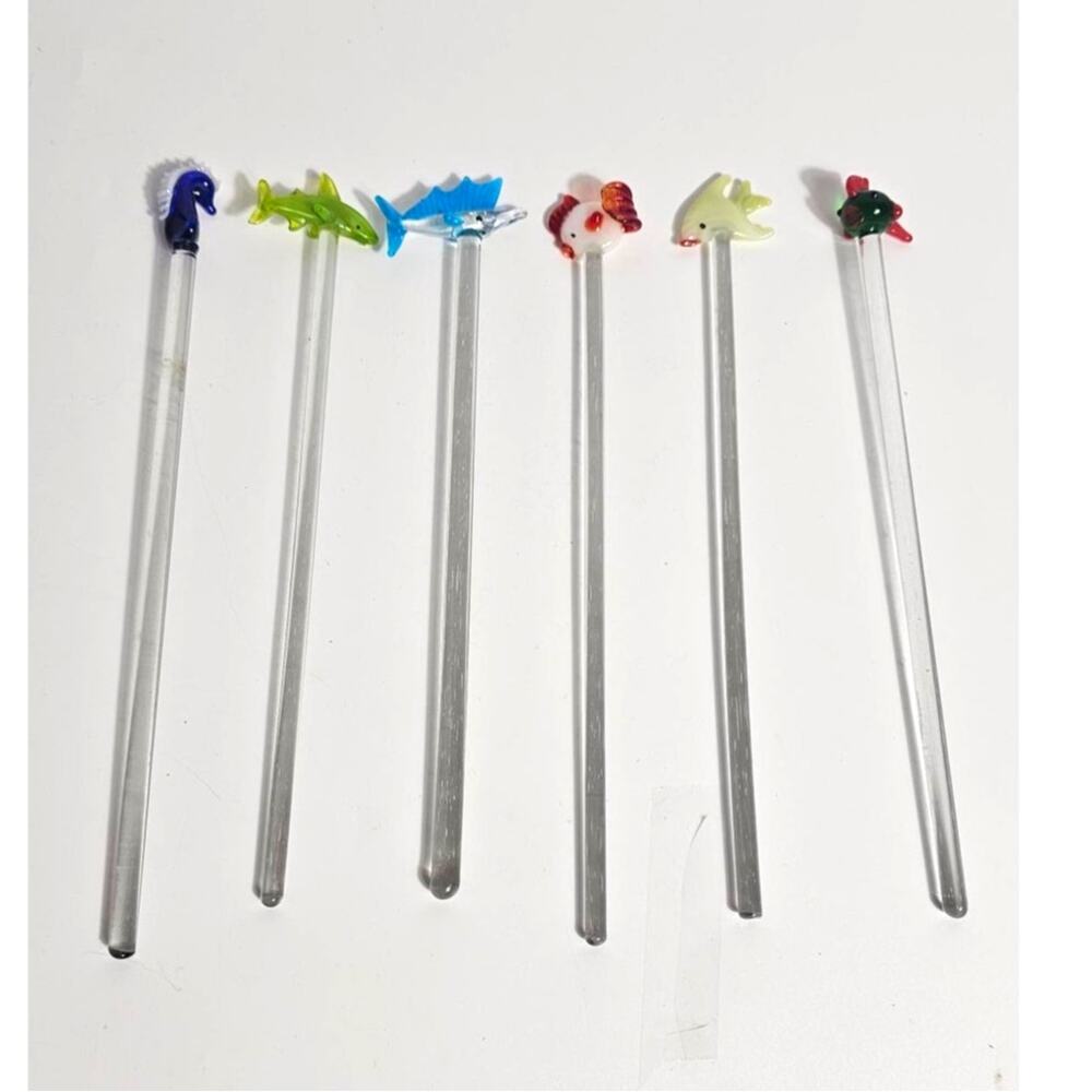 90s Hand Blown Glass Swizzle Sticks 6 Figural Sea Creatures Lampwork Barware